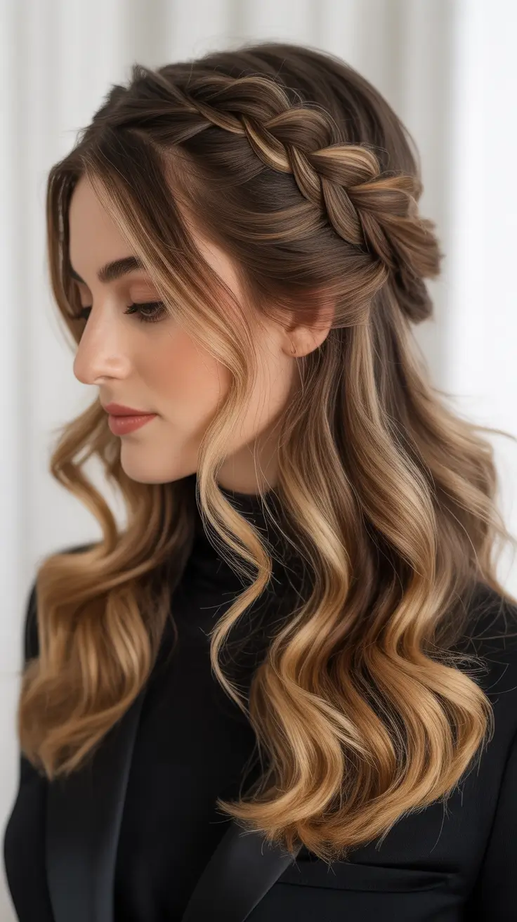 Cute hairstyle inspiration 2026 Soft Braided Halo On Caramel Waves