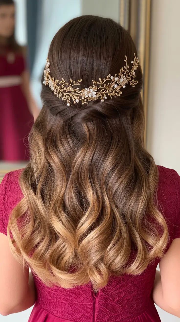 Cute hairstyle inspiration 2026 - Glam Half Up Waves With Golden Headpiece