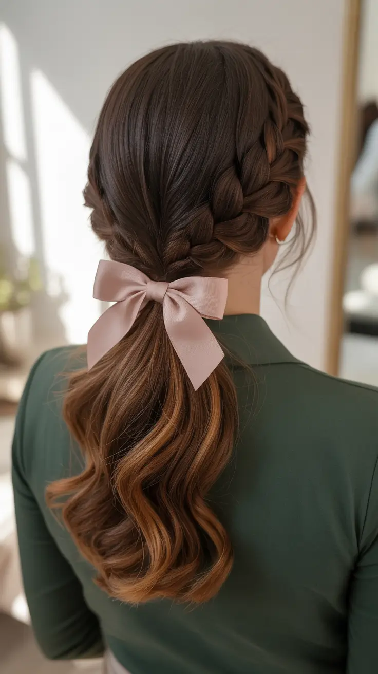 Cute hairstyle inspiration 2026 - Low Braided Ponytail With Rosy Ribbon