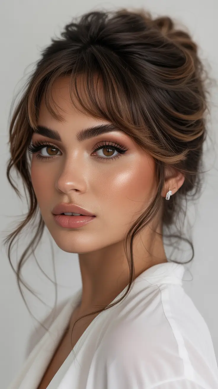 Cute hairstyle inspiration 2026 - Messy Romantic Updo With Wispy Fringe