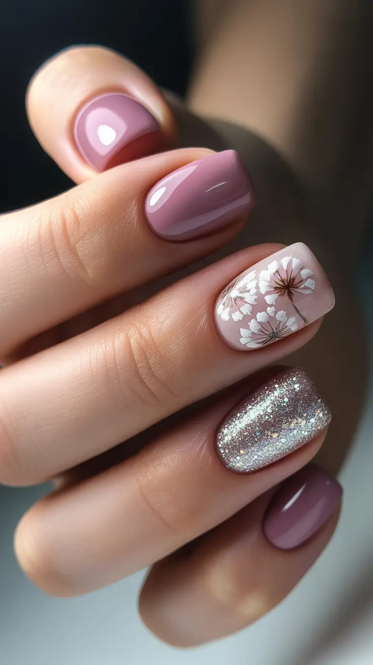 cute nails ideas 2026 Mauve Gloss With Dainty Flower Art
