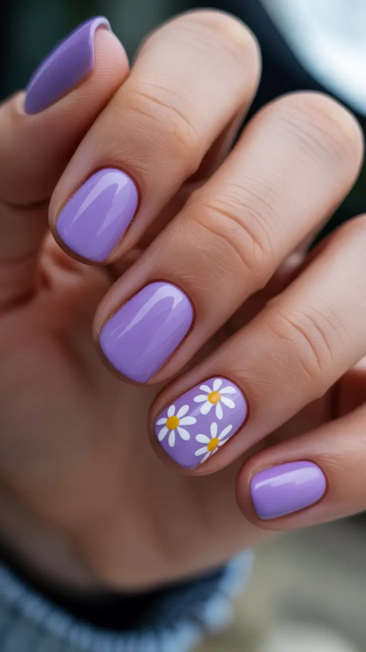 cute nails ideas 2026 Lilac Daisy Accent On Short Squoval Nails