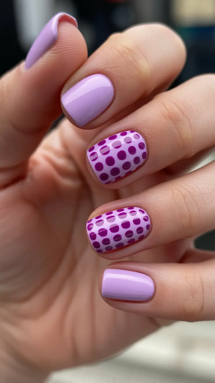 cute nails ideas 2026 Lavender Polka Dot Pop With Glossy Minimal Base