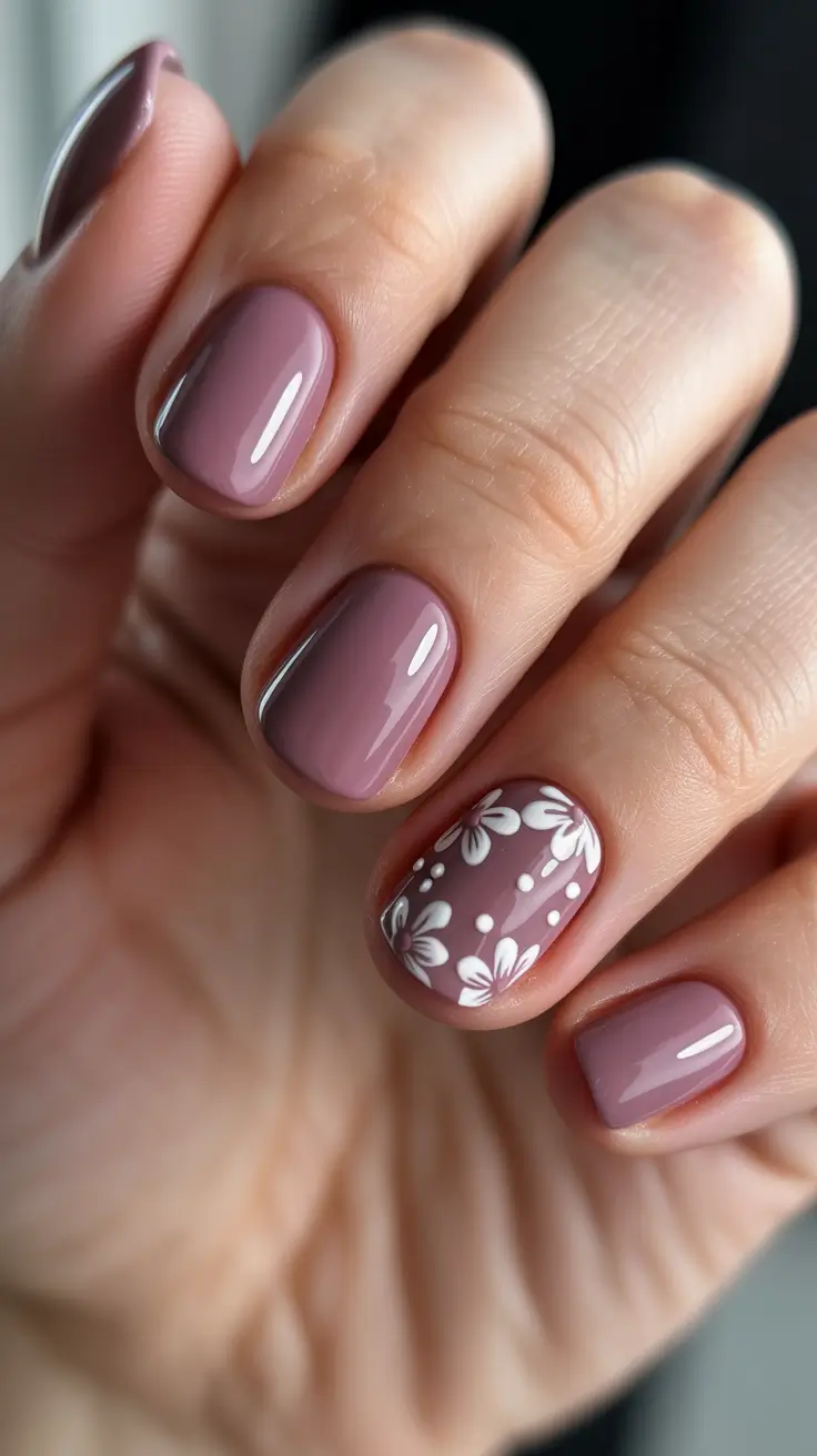 cute nails ideas 2026 Dusty Mauve Florals With Soft White Detail