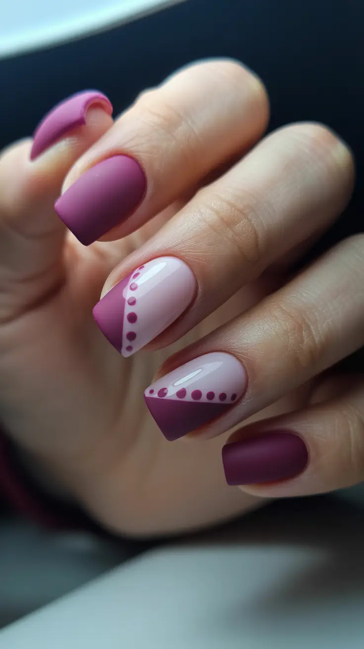 cute nails ideas 2026 Matte Plum Geometry With Dotted Diagonal Tips