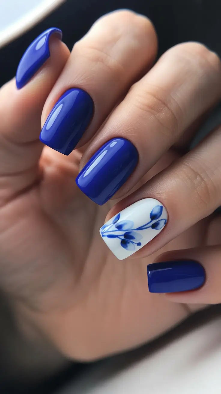 cute nails ideas 2026 Cobalt Blue Gloss With Porcelain Floral Accent