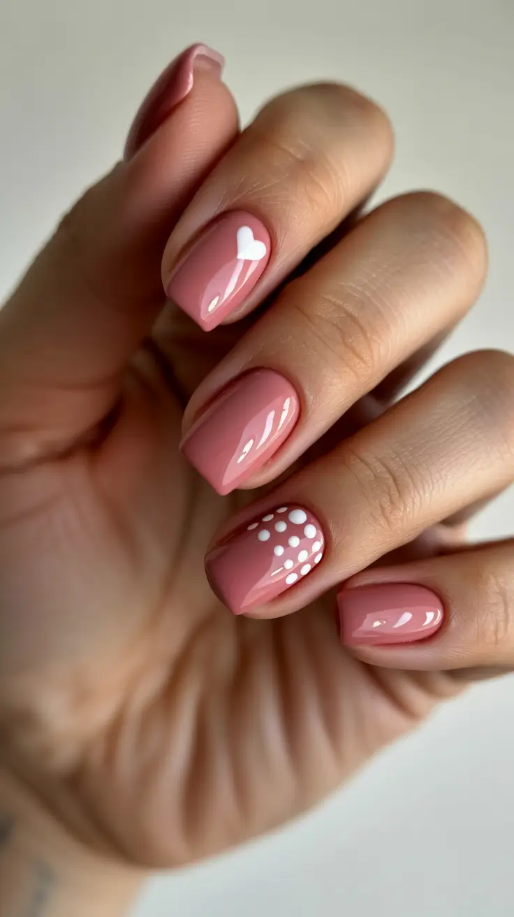 cute nails ideas 2026 Dusty Rose Heart And Polka Dot Minimalism
