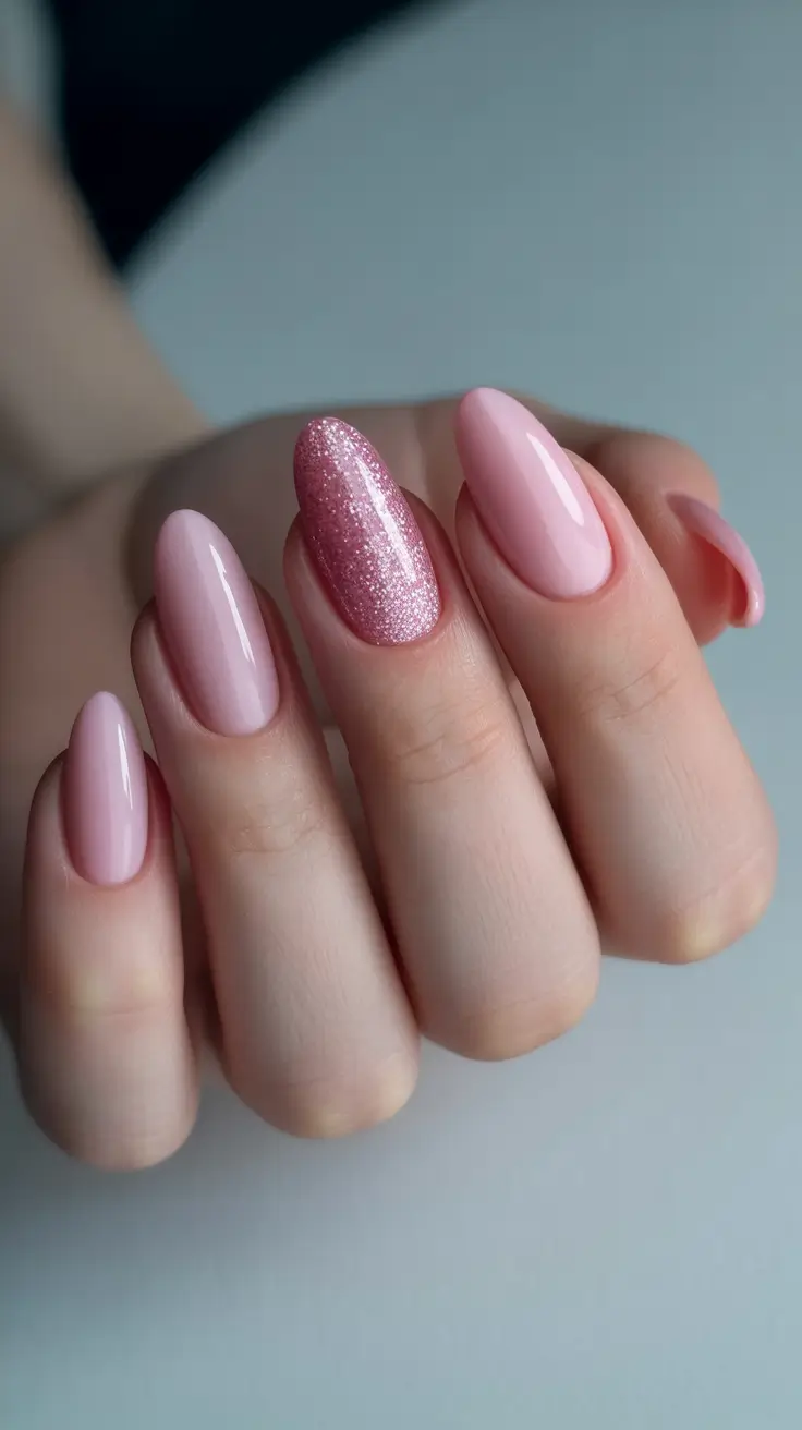 cute nails ideas 2026 Milky Pink Almond With Sparkly Accent Nail