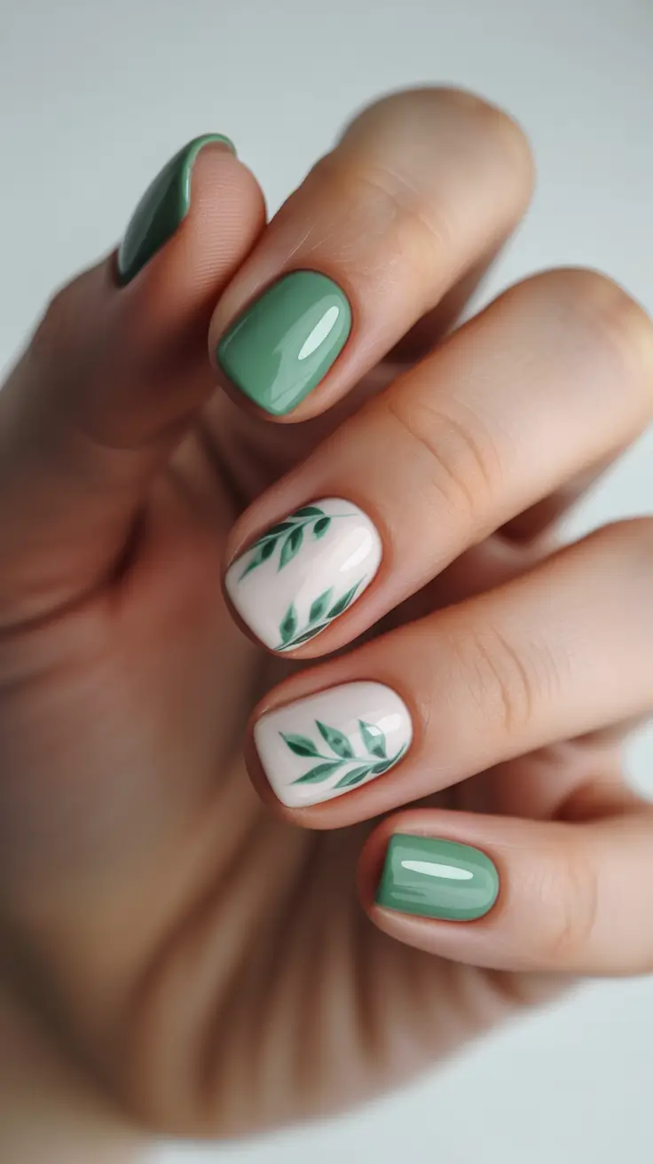 cute nails ideas 2026 Sage Green Botanical Short Nails