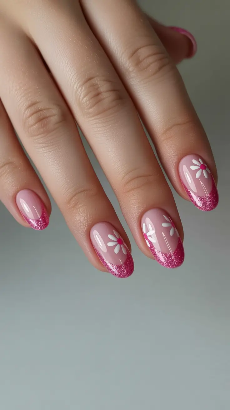 cute nails ideas 2026 Pink Glitter French With Summer Daisies