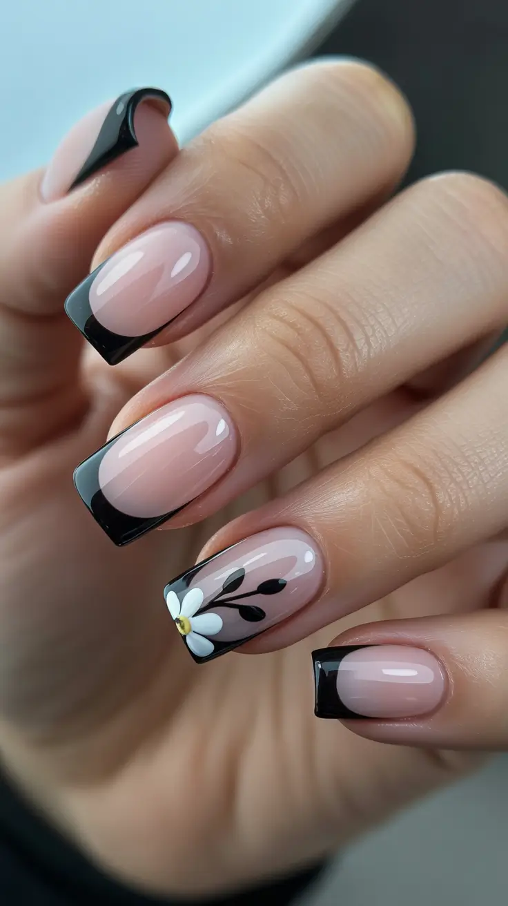 cute nails ideas 2026 Black French Tips With Daisy Detail