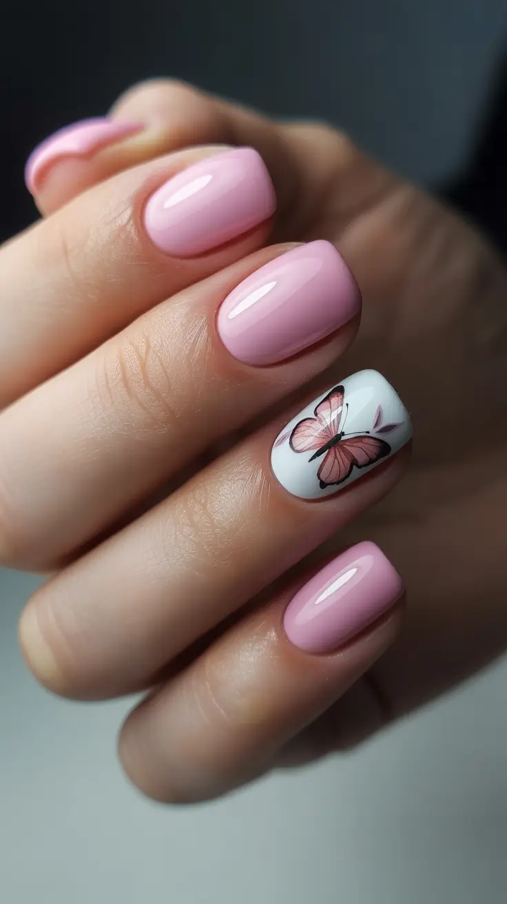 cute nails ideas 2026 Baby Pink Minimal With Butterfly Accent
