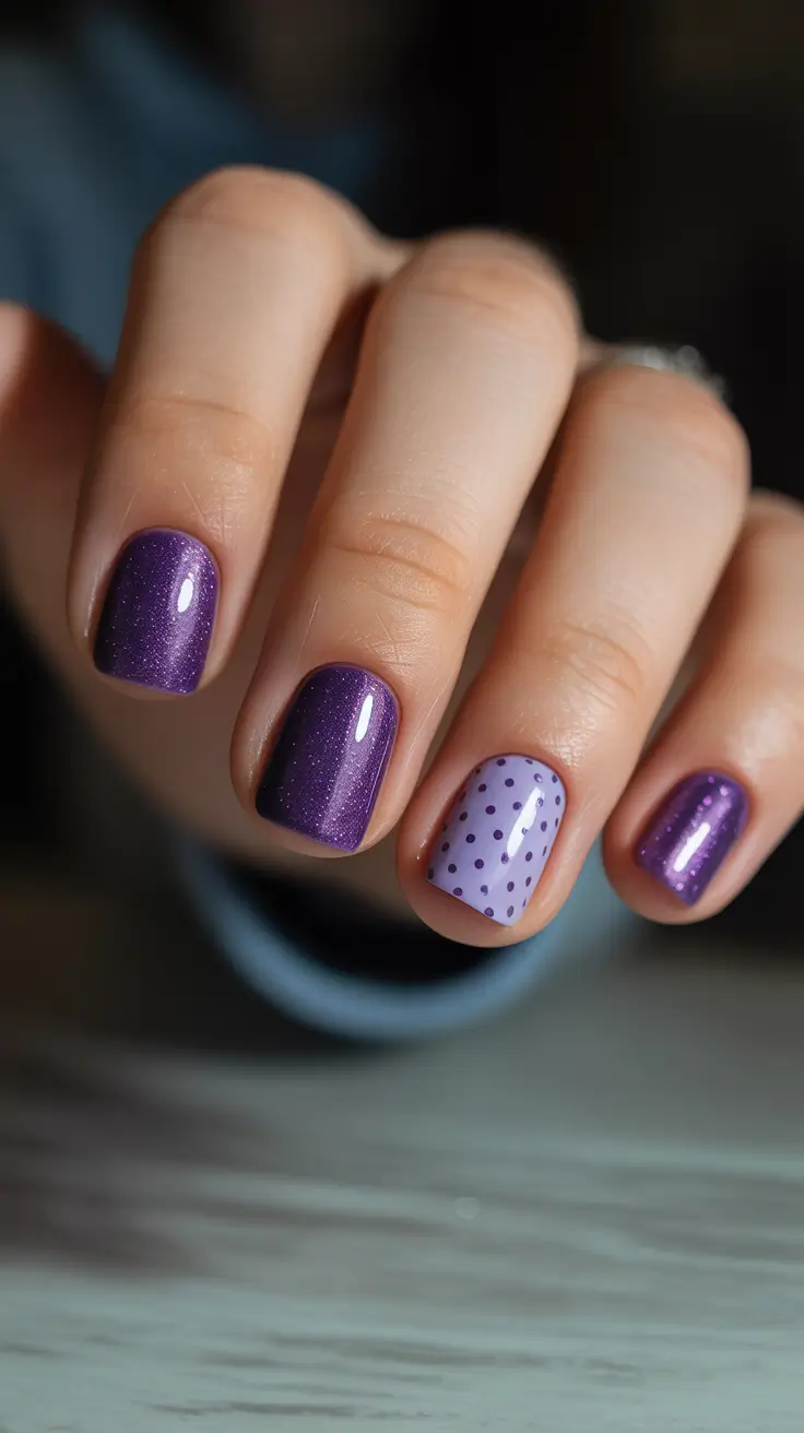 cute nails ideas 2026 Deep Violet Sparkle With Polka Dot Pop