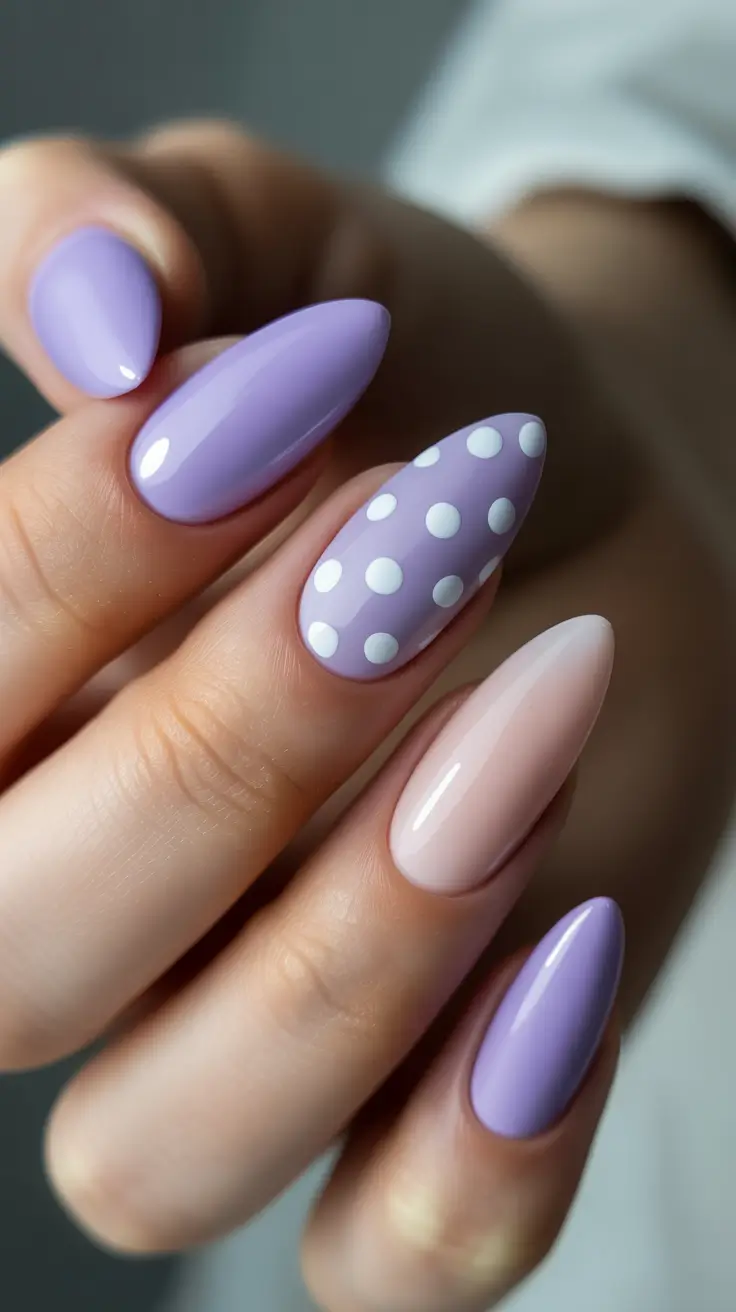 cute nails ideas 2026 Lavender Mix And Match With Polka Dot Pop