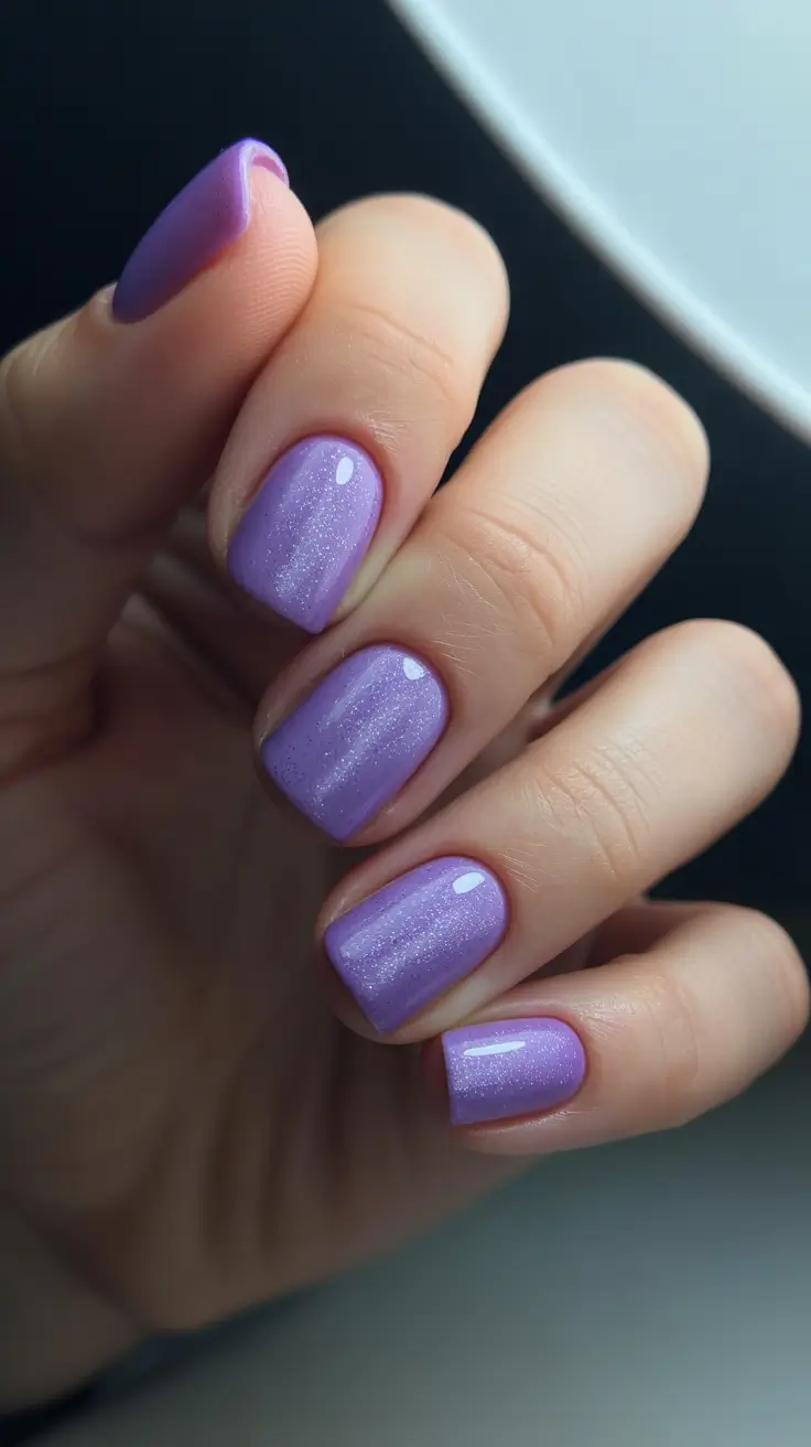 cute nails ideas 2026 Lilac Shimmer Short Nails That Catch The Light