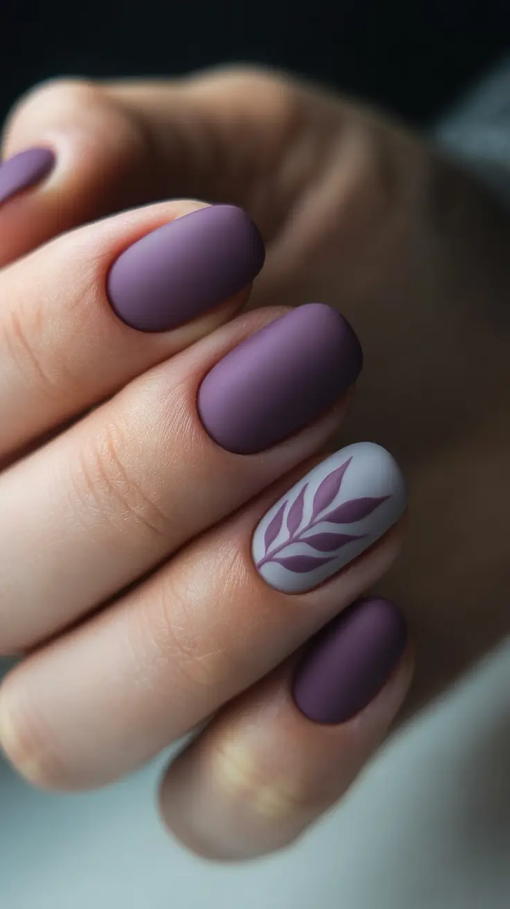 cute nails ideas 2026 Matte Plum With A Soft Botanical Accent
