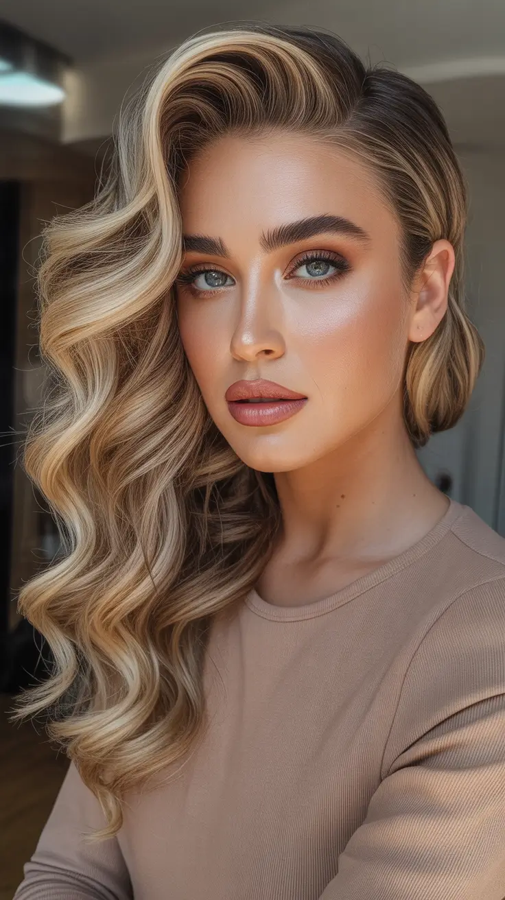 Quick and easy hairstyles 2026 Side Swept Glam Waves With Rooty Blonde Dimension
