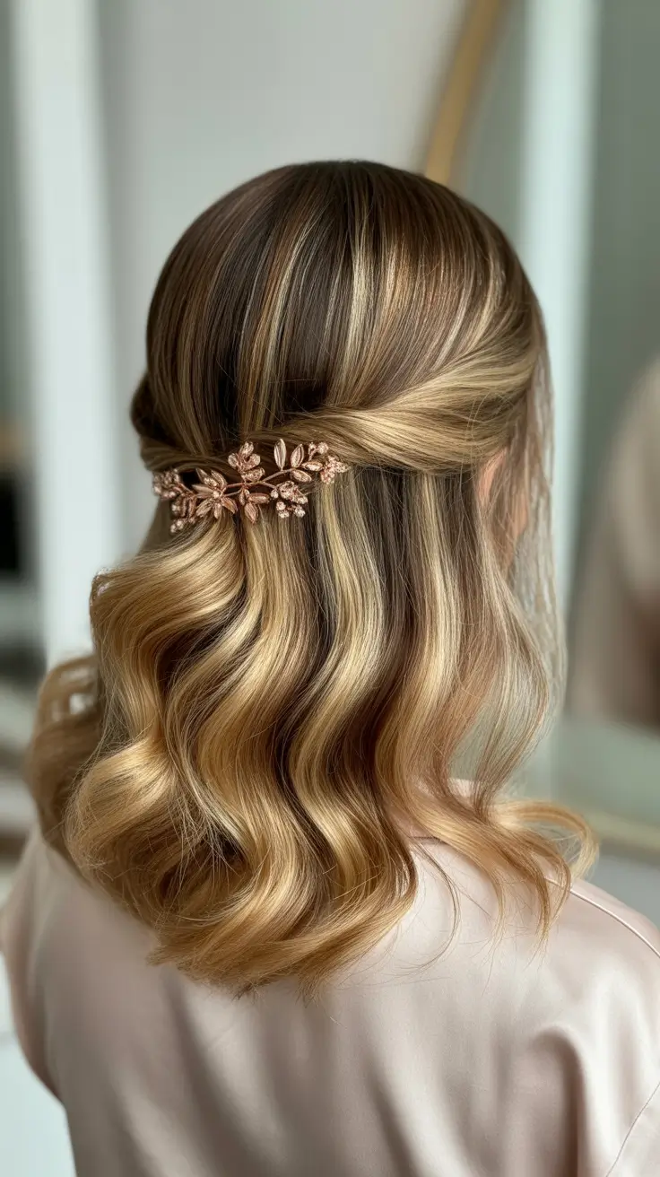 Quick and easy hairstyles 2026 Romantic Half Up Waves With Floral Clip