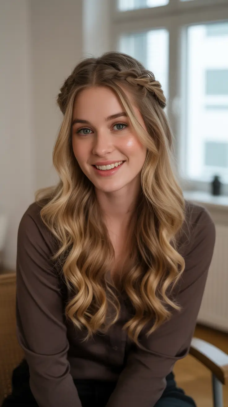 Quick and easy hairstyles 2026 Soft Braided Halo Half Up Waves