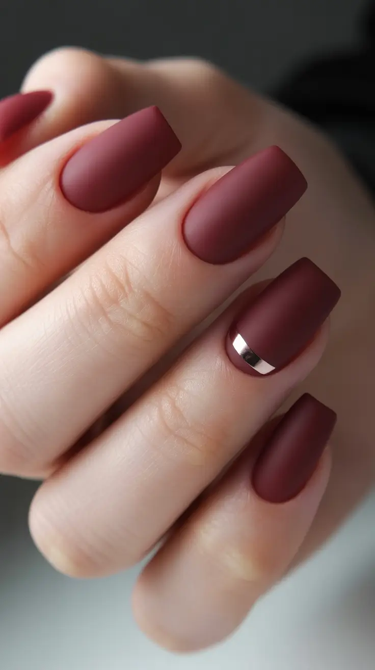 elegant nails 2026 Matte Merlot Square With A Polished Accent