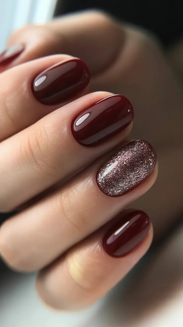 elegant nails 2026 Cherry Merlot Gloss With A Dusty Glitter Accent