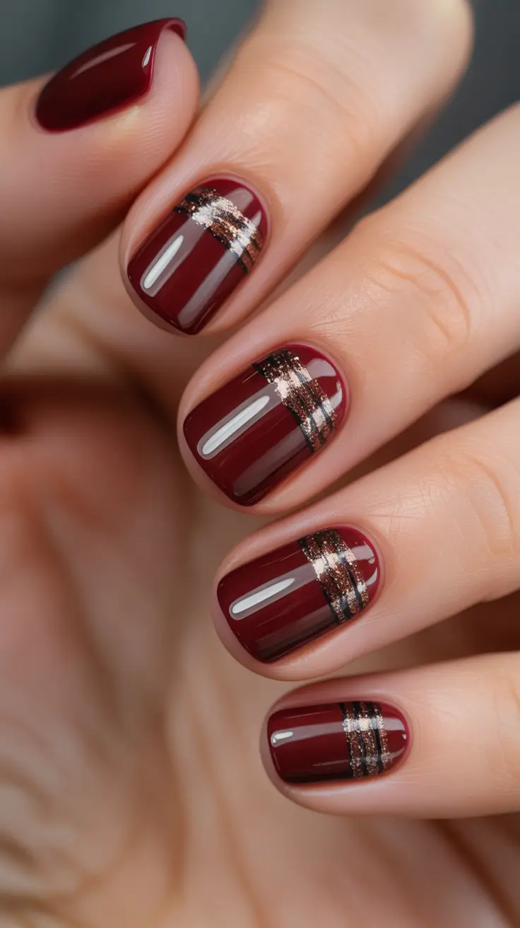 elegant nails 2026 Deep Wine Short Nails With Gold Plaid Lines
