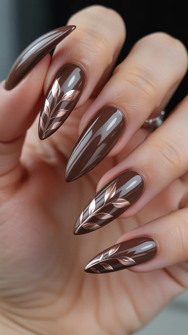 elegant nails 2026 Cocoa Almond Nails With Rose-Gold Botanical Details