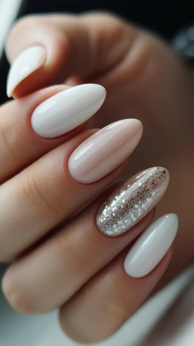 elegant nails 2026 Milky White Almond With A Silver Confetti Accent