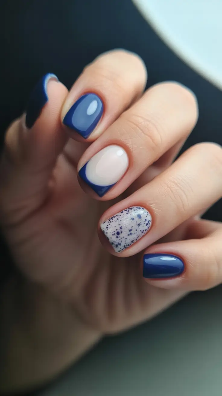 elegant nails 2026 Navy And Milky Short Square With Speckled Accent