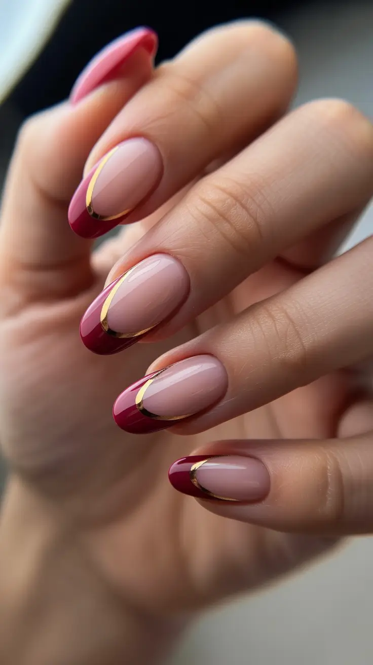 elegant nails 2026 Wine Red Micro French With A Golden Curve Accent