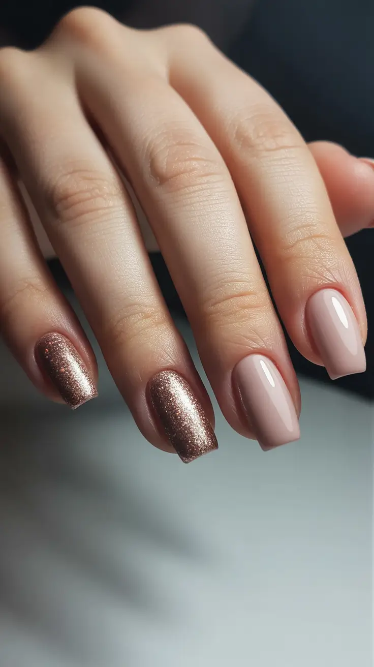 elegant nails 2026 Soft Nude With Champagne Glitter Accents