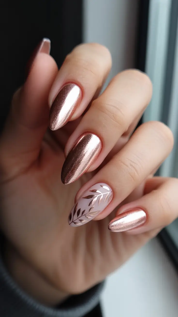 elegant nails 2026 Rose Gold Chrome With A Minimal Leaf Detail