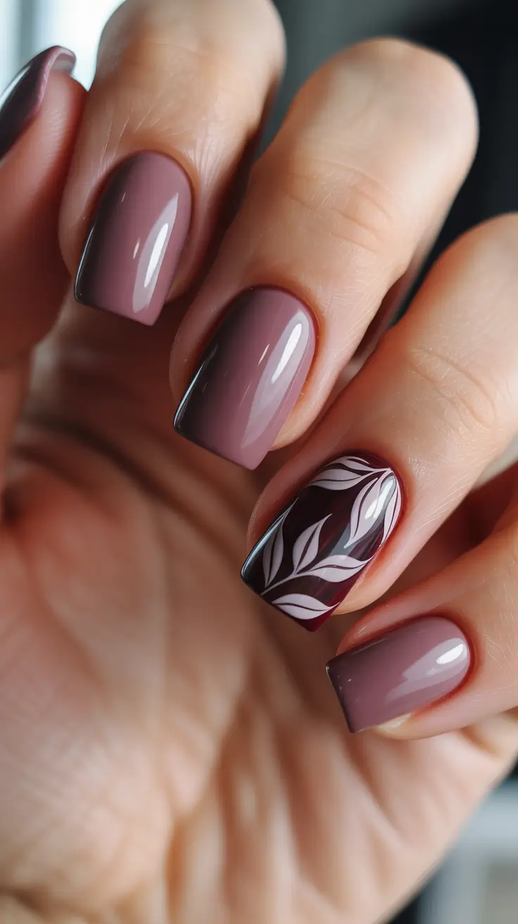elegant nails 2026 Soft Mauve Gloss With Botanical Statement Art