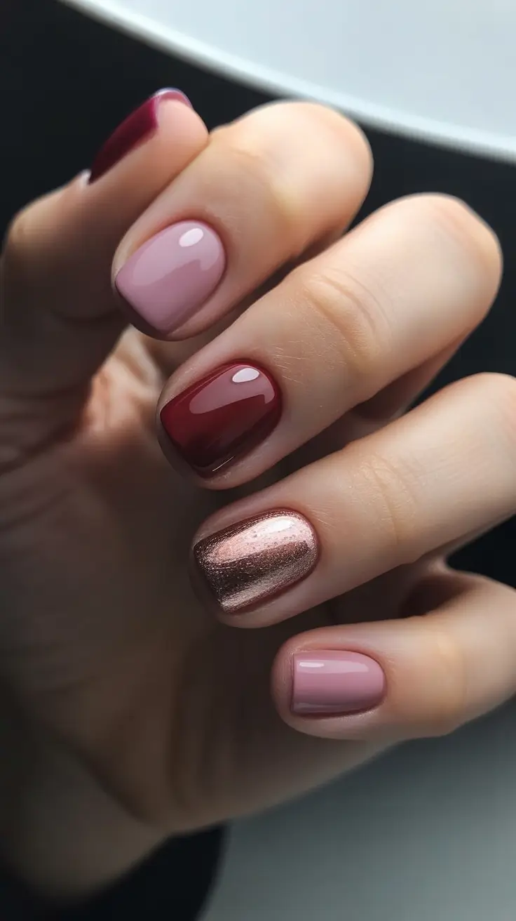 elegant nails 2026 Short Mixed Tones With A Metallic Rose Accent