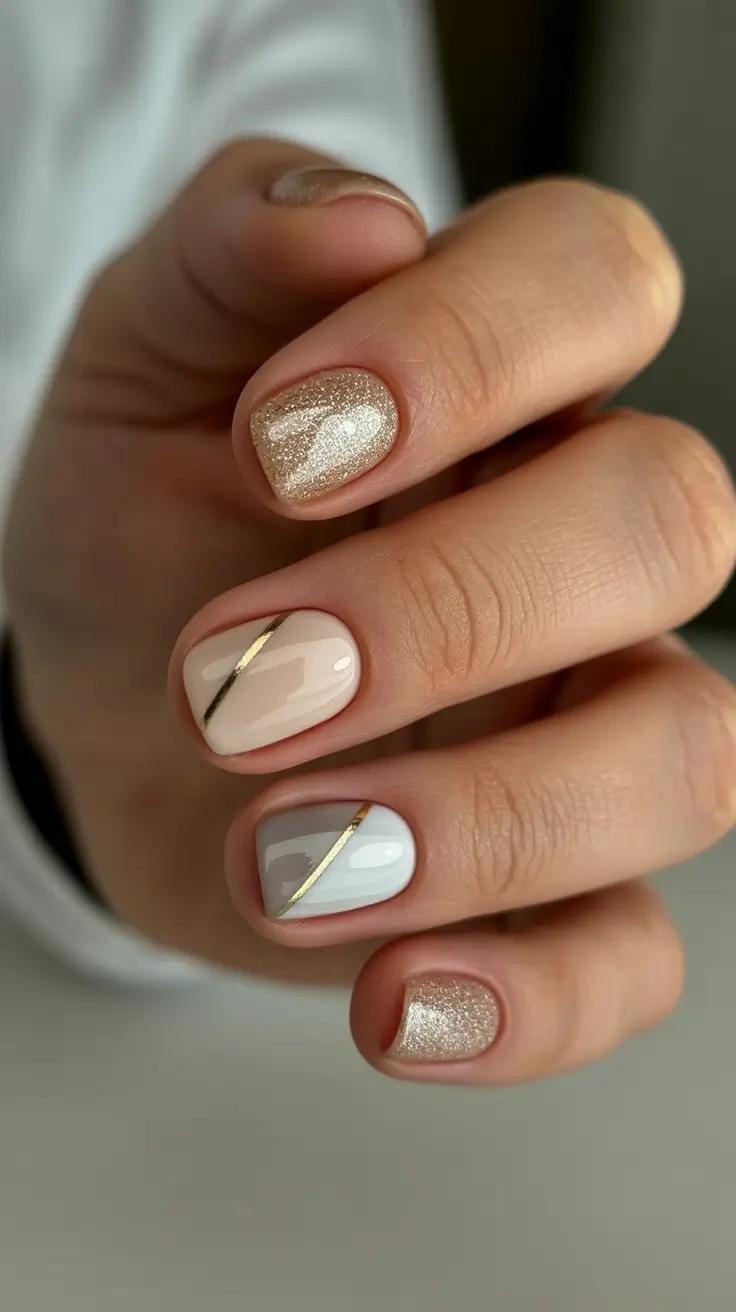 elegant nails 2026 Soft White And Nude With Gold Diagonal Lines