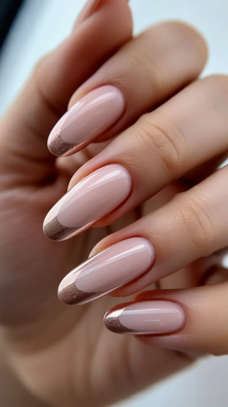 elegant nails 2026 Nude Almond With Champagne Metallic French Tips