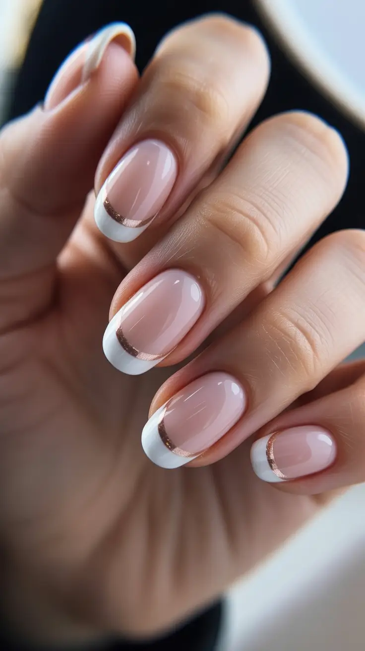 elegant nails 2026 Micro French With White Tips And A Rose-Gold Line
