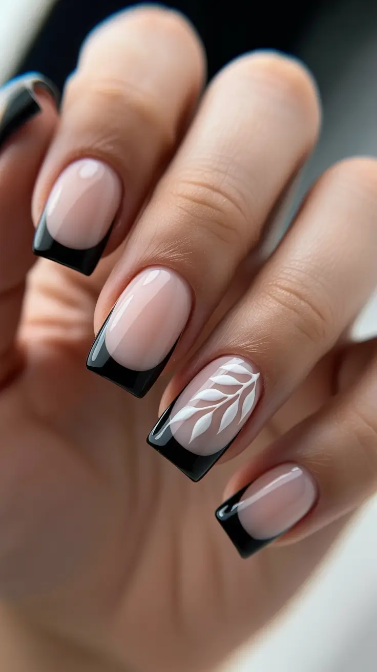 elegant nails 2026 Black French With A Soft Botanical Accent