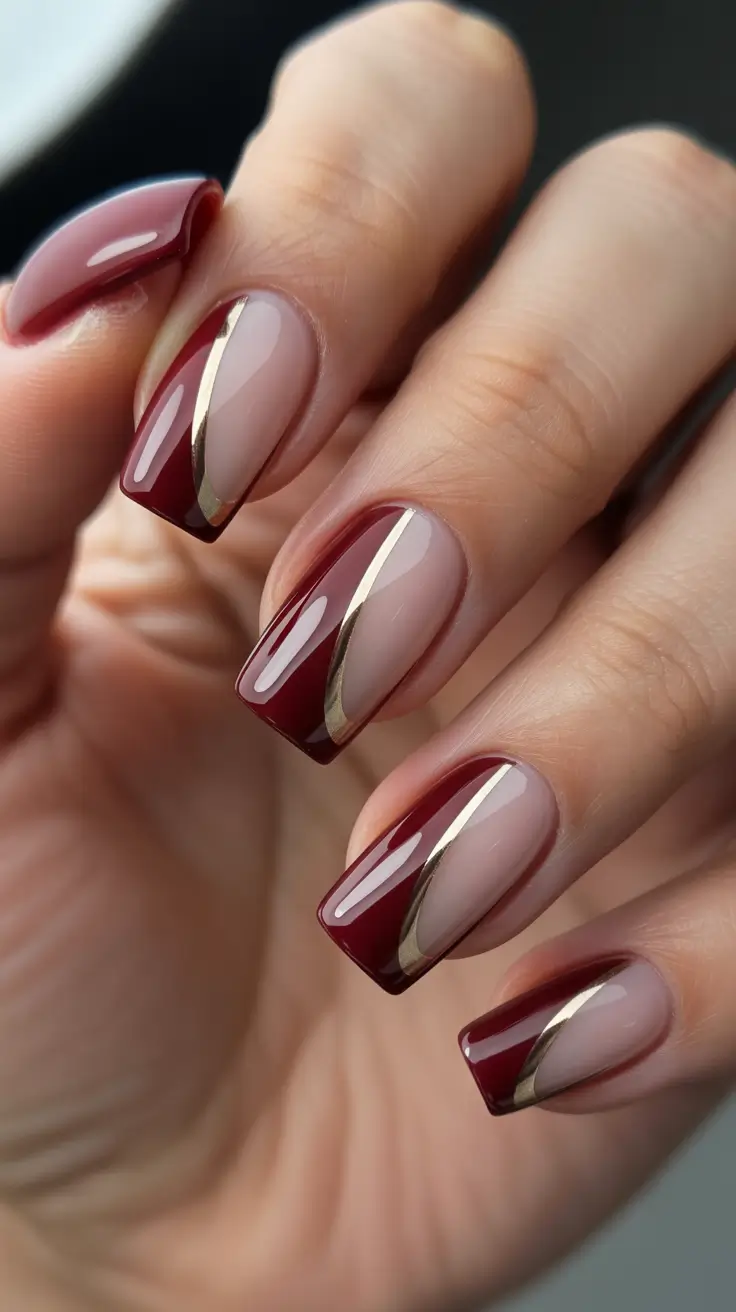 elegant nails 2026 Deep Red French With Gold Curve Details