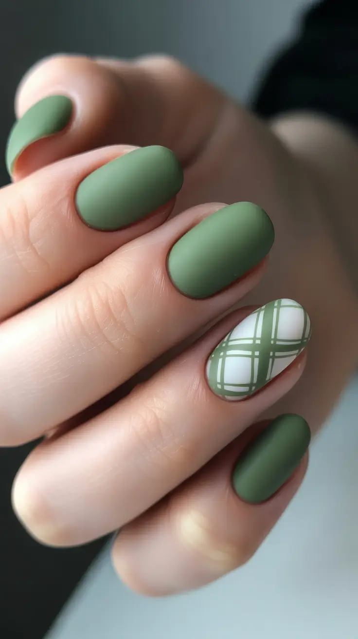 green nail designs 2026 Soft Matte Sage Plaid Accent