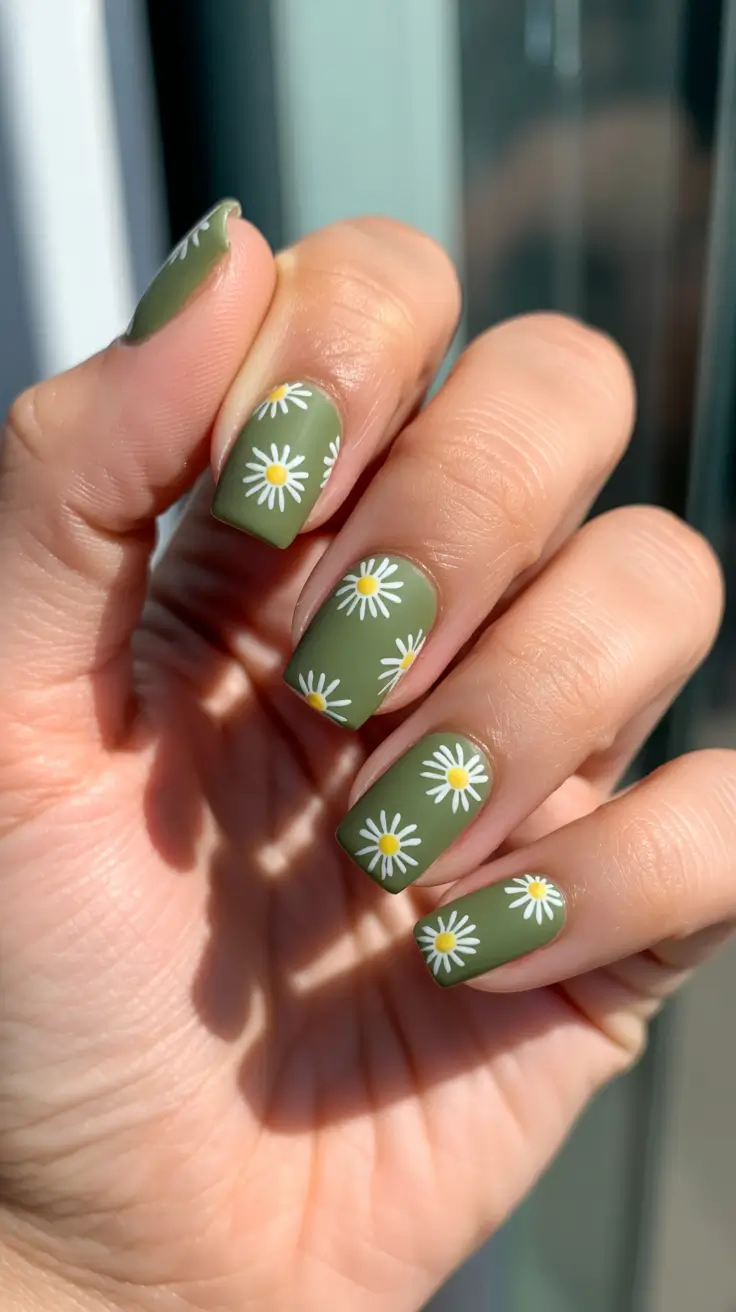 green nail designs 2026 Matte Daisy Meadow Green Nails