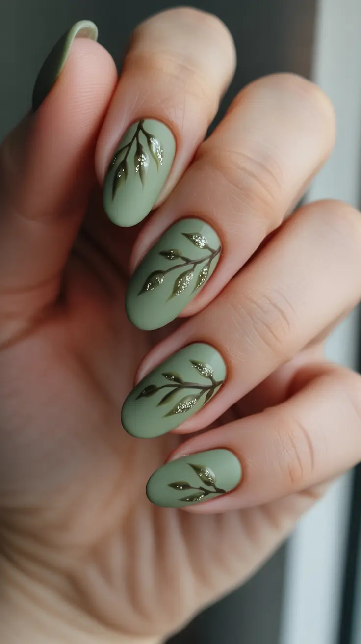 green nail designs 2026 Soft Sage Botanical Branches With Gold Sparkle