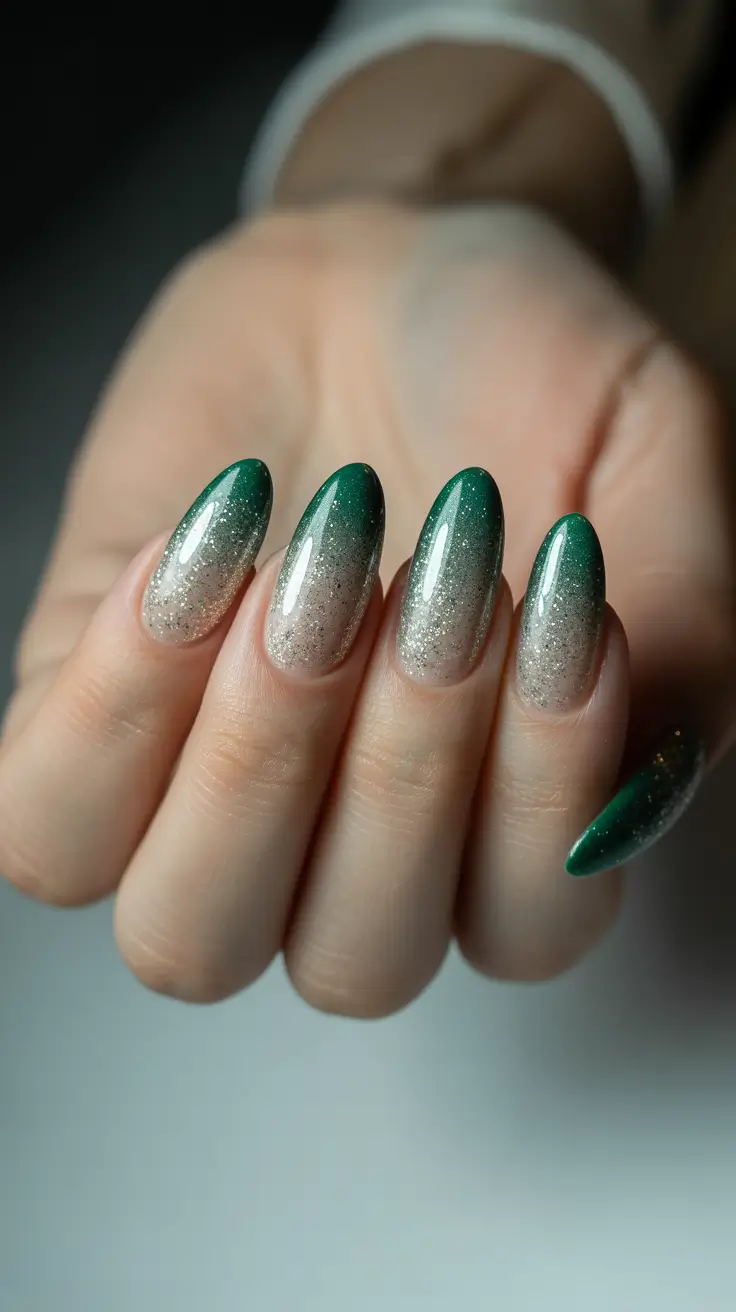 green nail designs 2026 Emerald Glitter Fade With Silver Mist