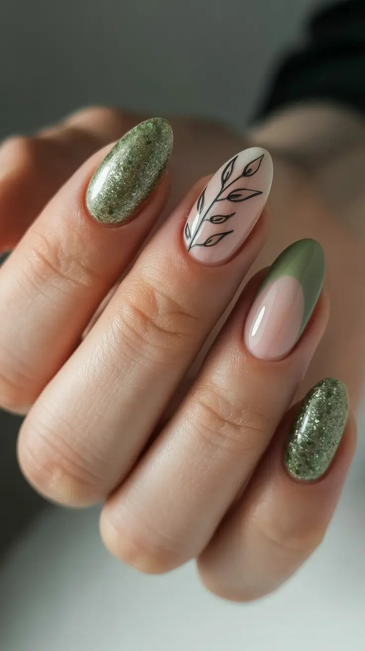 green nail designs 2026 Olive Glitter Mix With Minimal Black Leaf Accent