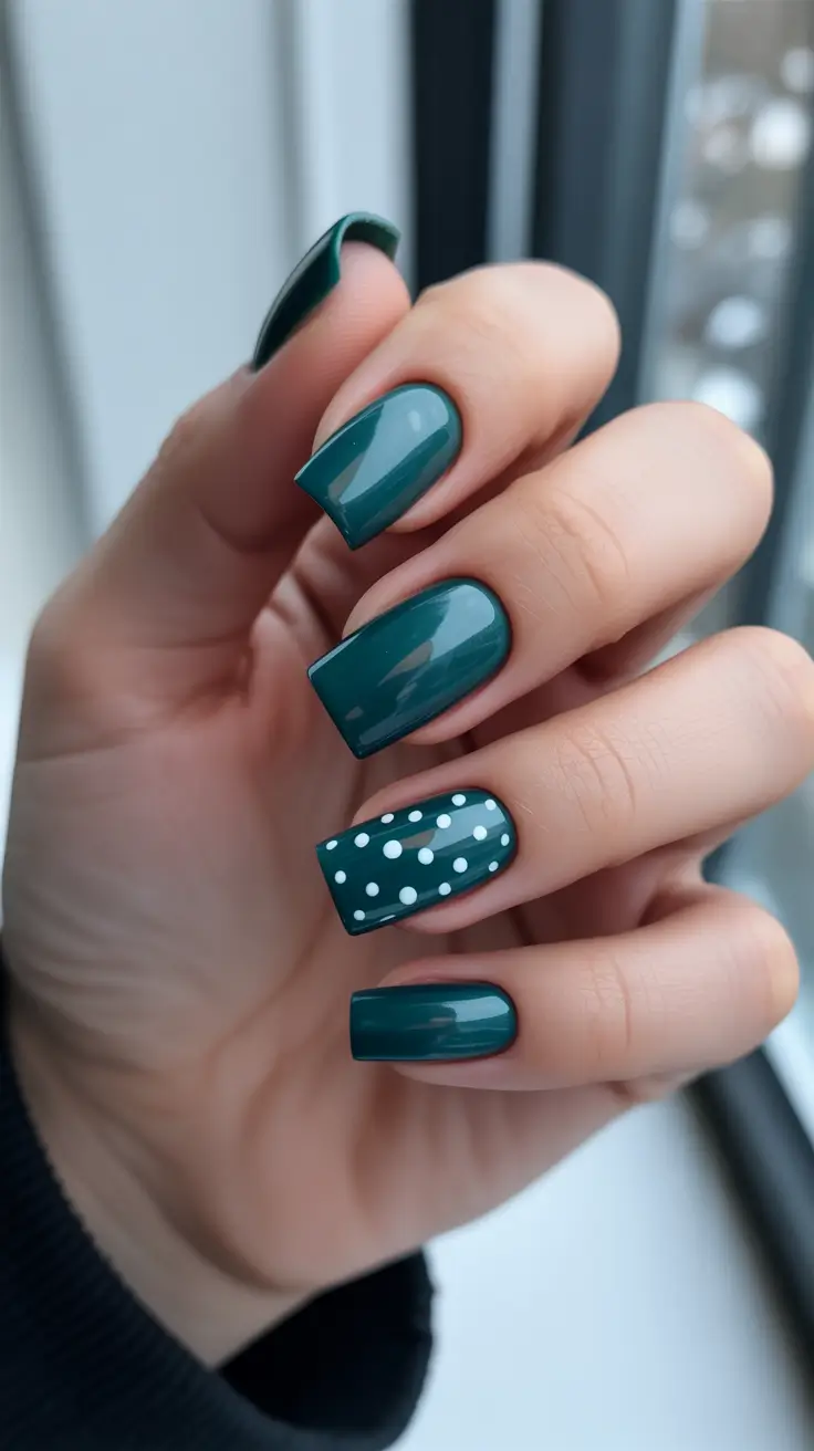green nail designs 2026 Teal Squares With Playful Polka Dots