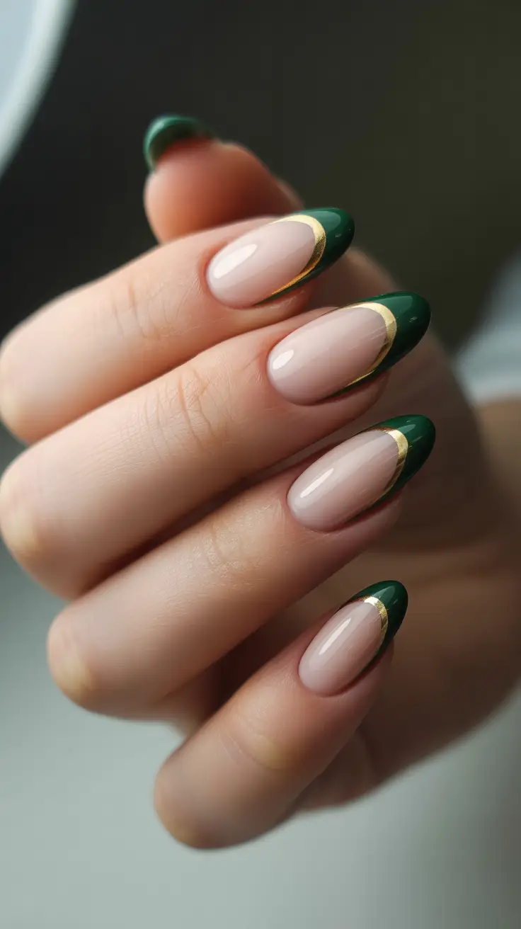 green nail designs 2026 Deep Green French Tips With Thin Gold Line
