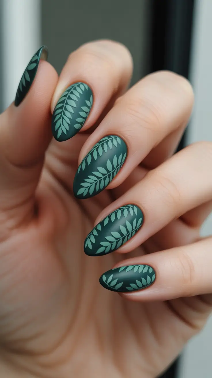 green nail designs 2026 Matte Dark Sage Leaf Pattern For A Modern Botanical Look