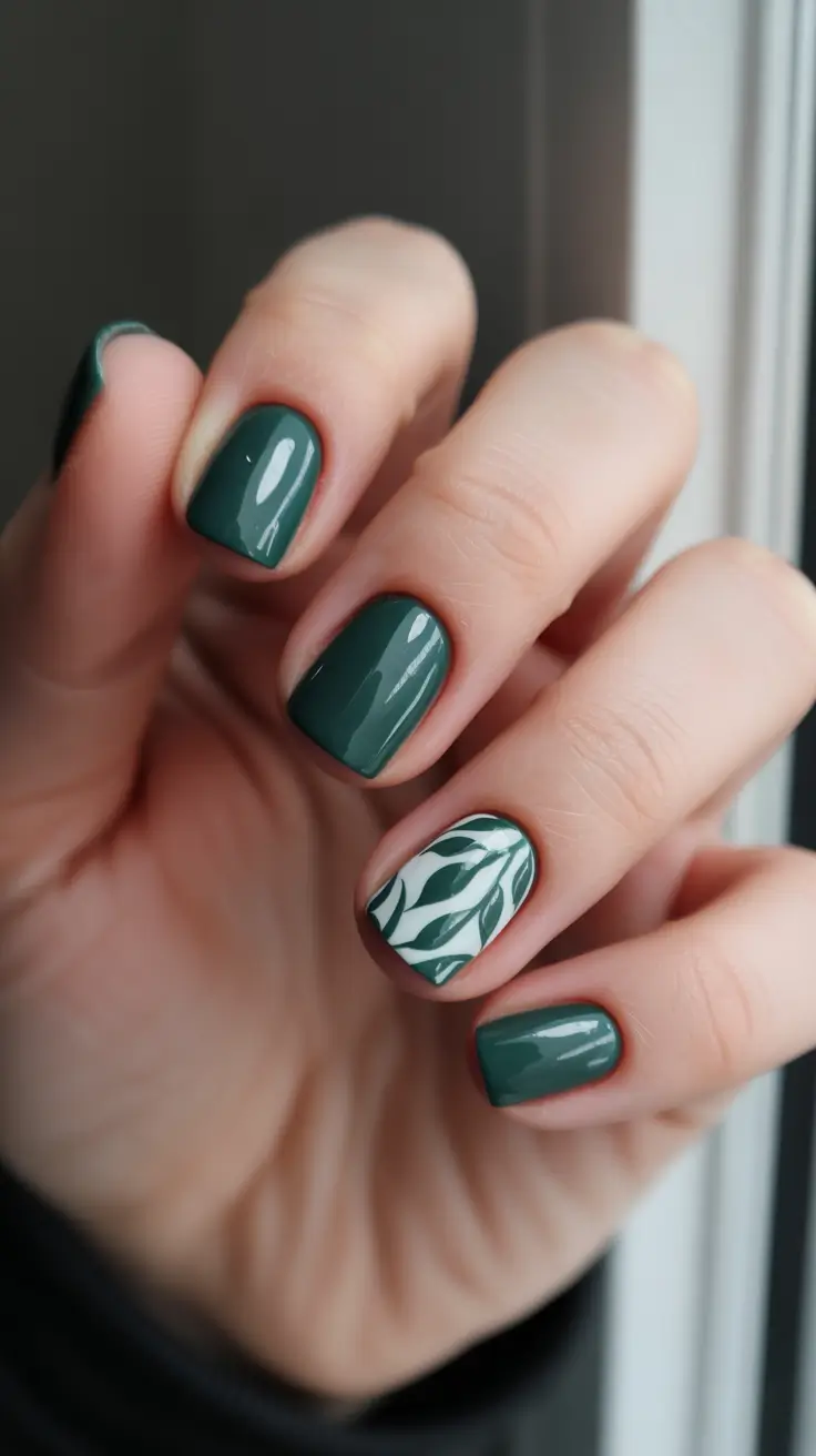 green nail designs 2026 Deep Forest Leaves On Short Nails