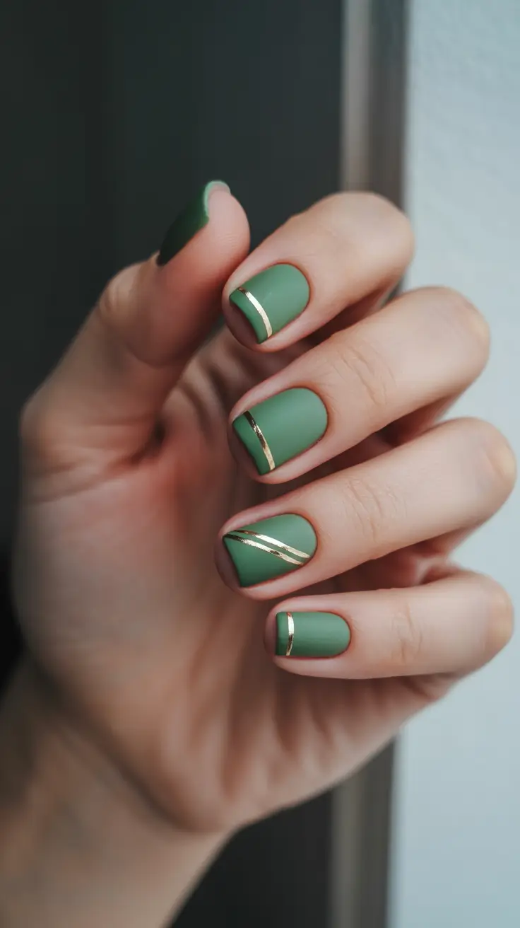 green nail designs 2026 Matte Sage Lines With Gold Detail