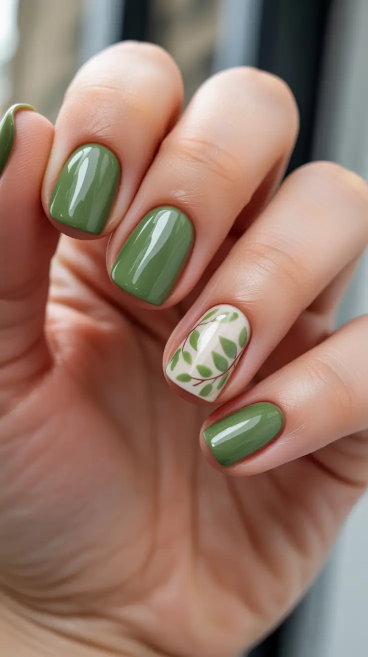 green nail designs 2026 Olive Gloss With Botanical Accent